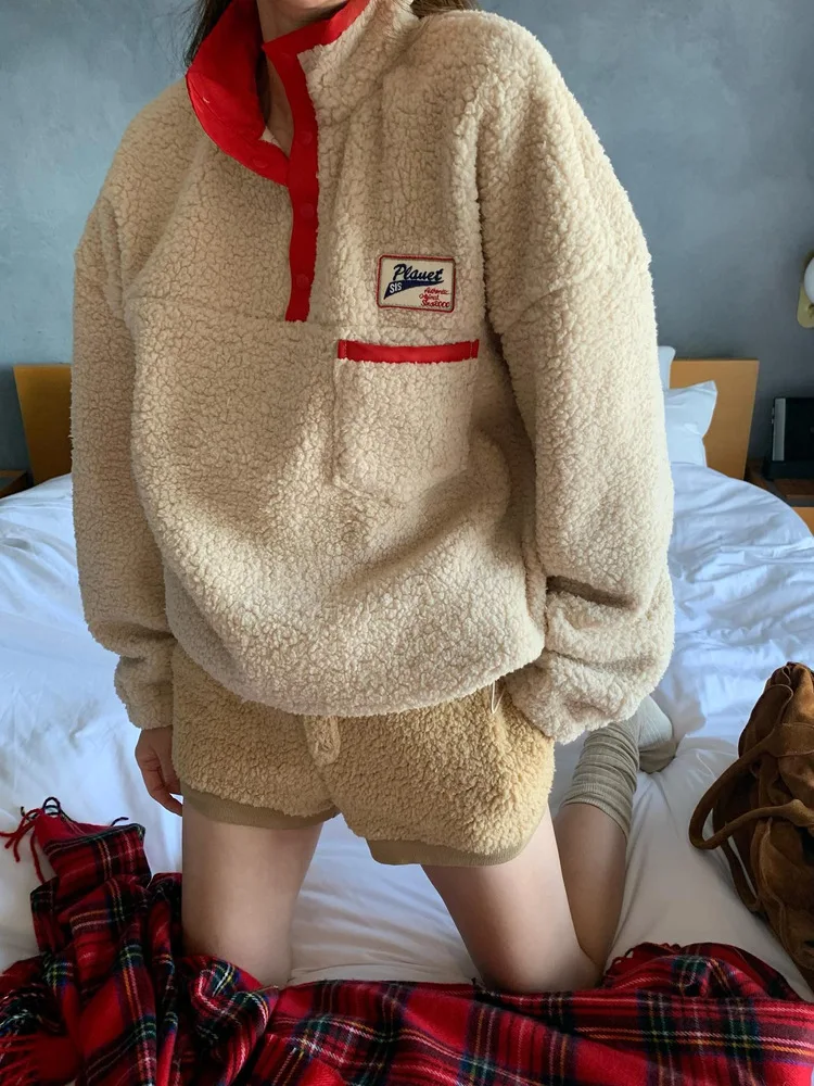 

Thiened Long Sve Lamb Fur Simulation Hoodie Women's Winter Loose Fit Comfortable Versatile Fce Lined Zipper Hoodie