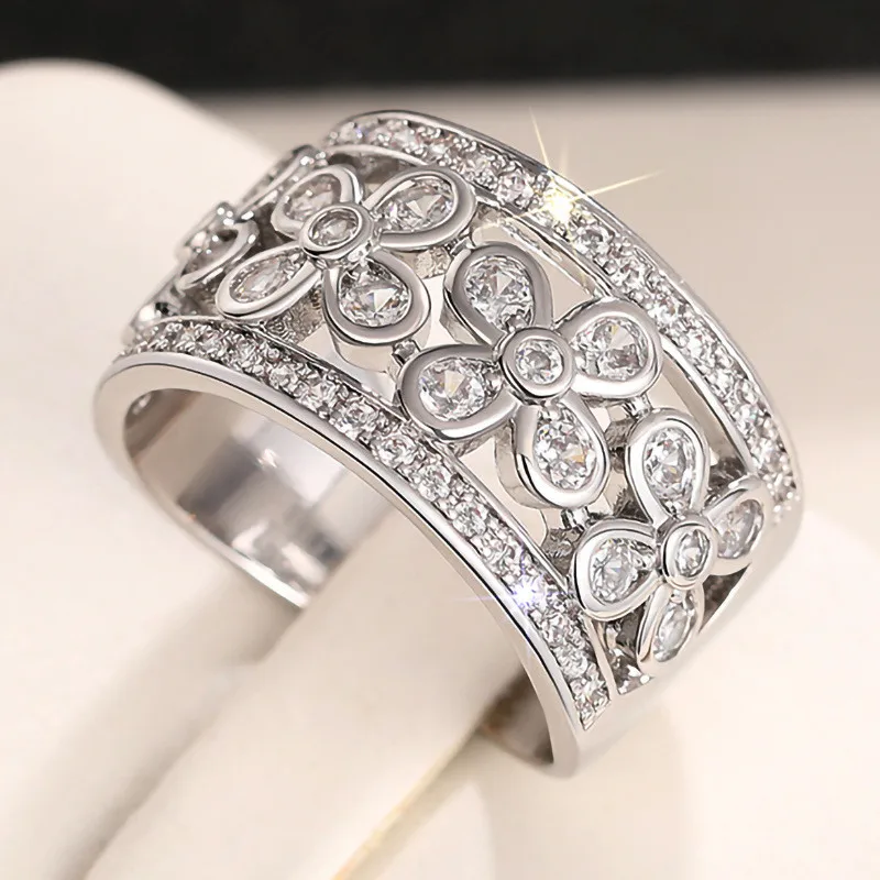 925 Sterling Silver Hollow Flower Design Wedding Band Women Rings Shiny Crystal Cubic Zirconia Aesthetic Female Jewelry