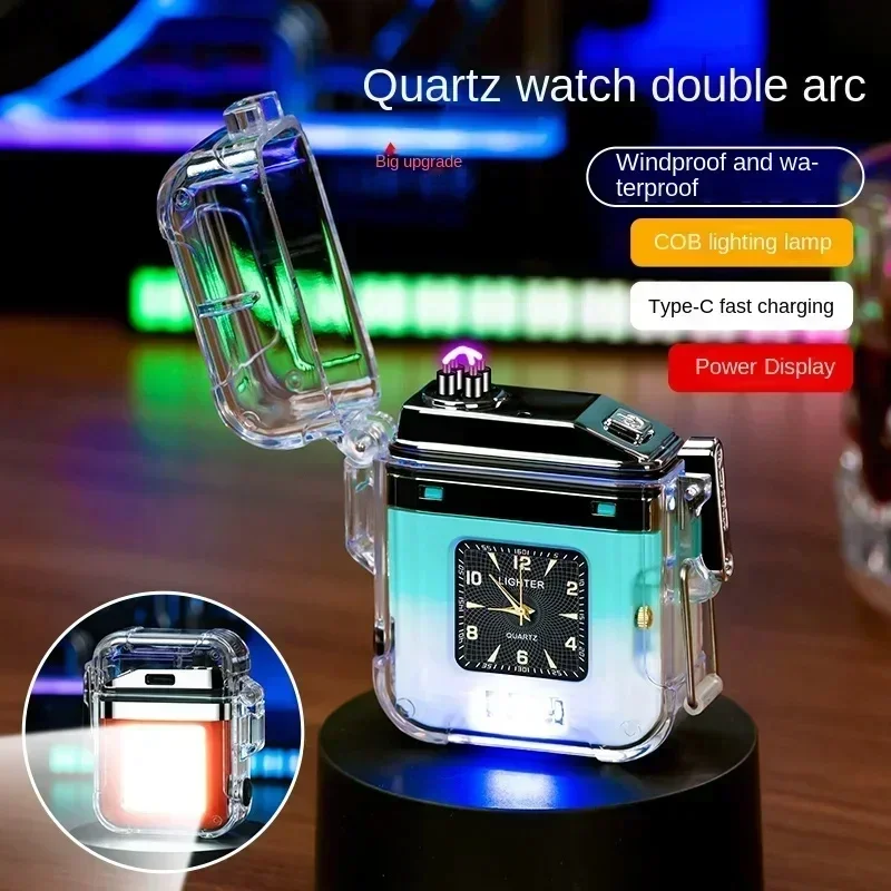 Hot New Quartz Clock Transparent IP56 Waterproof Double Arc Type-C Lighter Outdoor Windproof With COB Lighting LED Power Display