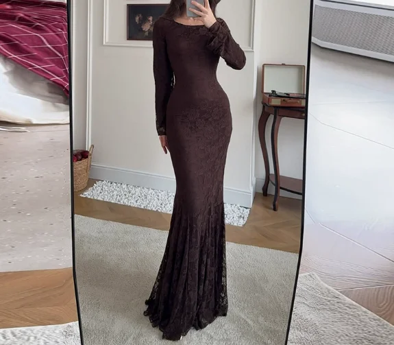 Women Dress 2026 Spring Autumn New Lace Shawl Round Neck Long Sleeve Slim Fit Hip Hugging Temperament Elegant Long Dress