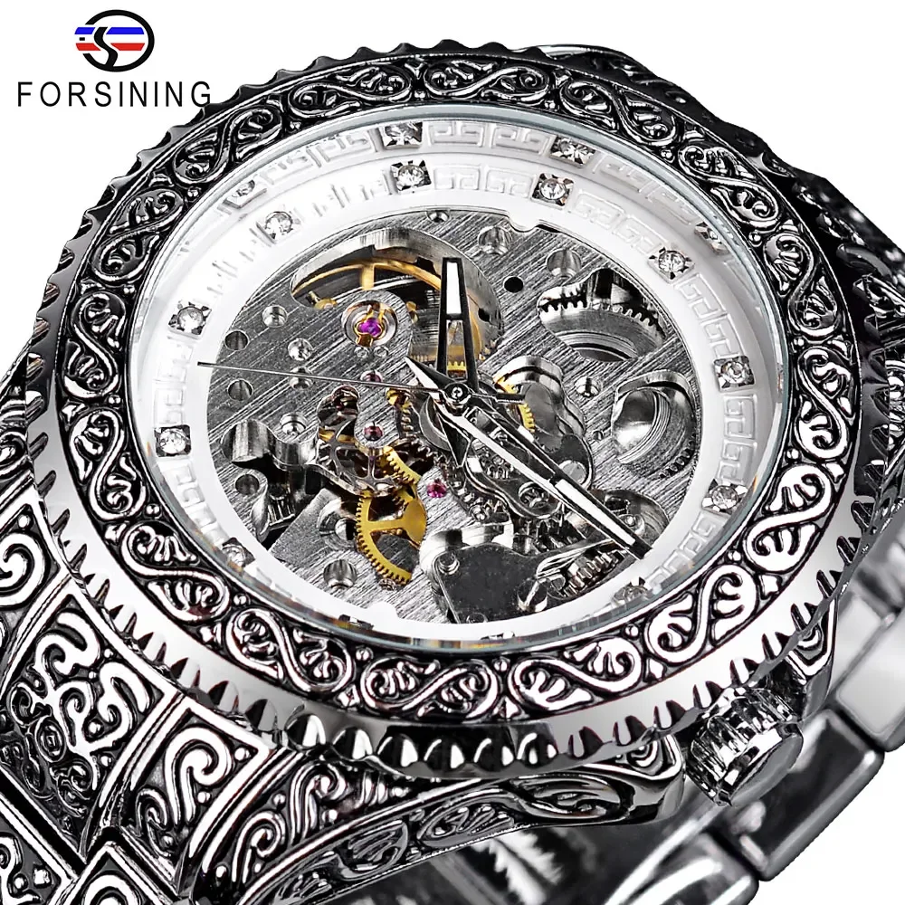 

Forsining Luxury Mens Watches Diamond Mechanical Watch Luminous Stainless Steel Automatic Wristwatch Skeleton Relogio Masculino