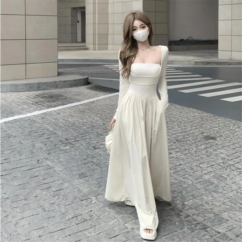 Vintage Ballet Fashion Square Collar Long Dress 2024 New Spring Long Sleeve Black Beige Dress Holiday Slim Waist A Line Skirt