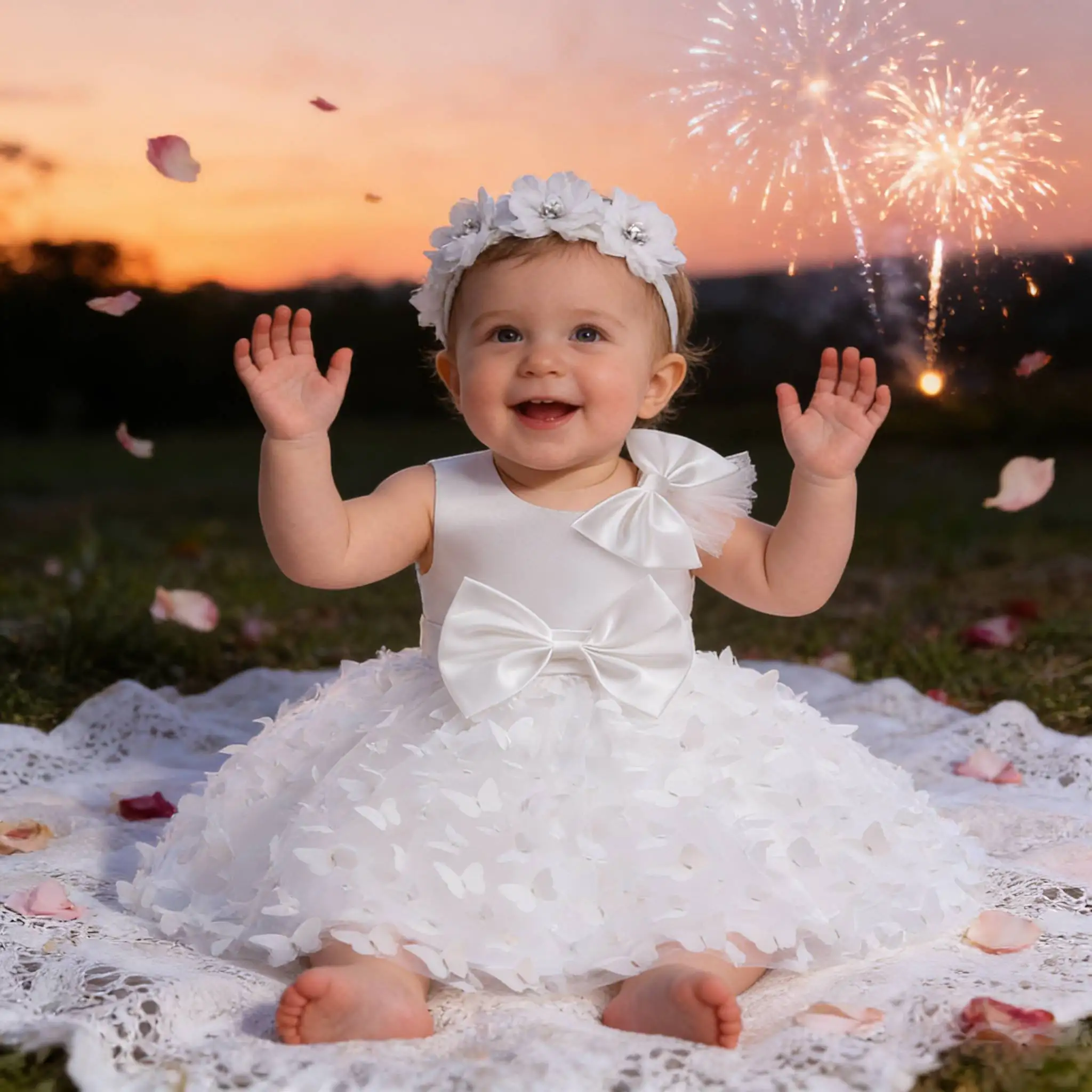 

2026 Girl Party Dress with bow Summer New Sleeveless Solid Color Baby Girl Clothing Mesh Pleated elegant Dress Flowers Girl gown
