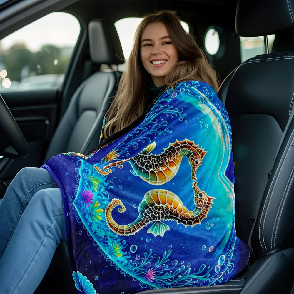 Seahorse Heart Ocean Design Fleece Blanket Cute Marine Life Throw Soft Plush Comforter for Kids and Adults Blue Sea Theme