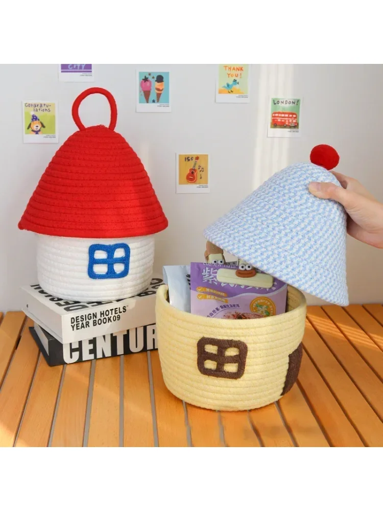 Cute covered small house with cotton thread storage basket, home miscellaneous storage box, desktop coffee table storage basket