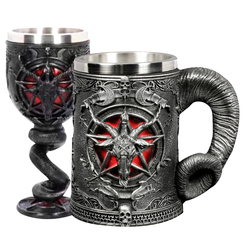 

Middle Ages Gothic Pentagram Horn Beer Mug Resin hand painted & polished stainless steel liner Cool Cup Gothic Kitchen Bar Decor