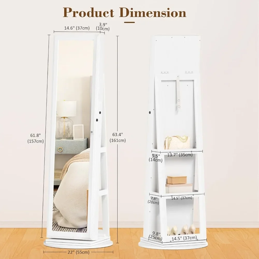 Mirror Cabinet with Jewelry Storage & Shelf, Vanity Makeup Mirror 3-Color LED Lights, 360° Full Length Mirror Jewelry Storage