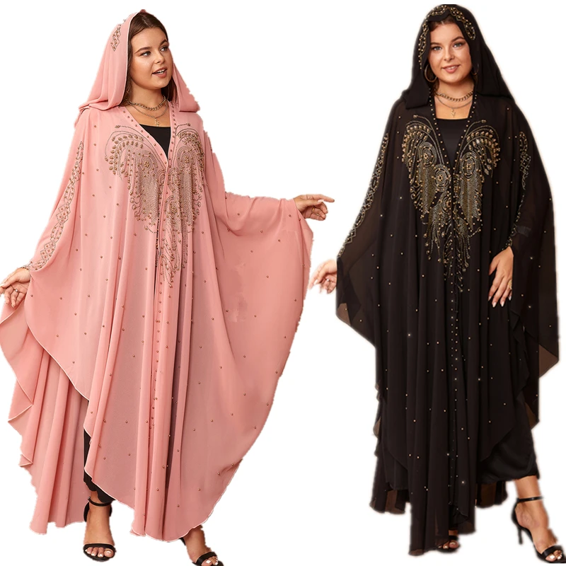 African Fashion Abaya Design Bazin Chiffon Long Sleeve Dashiki Dress For Women Muslim Beads Diamond Hood Kaftan Free Size Robe