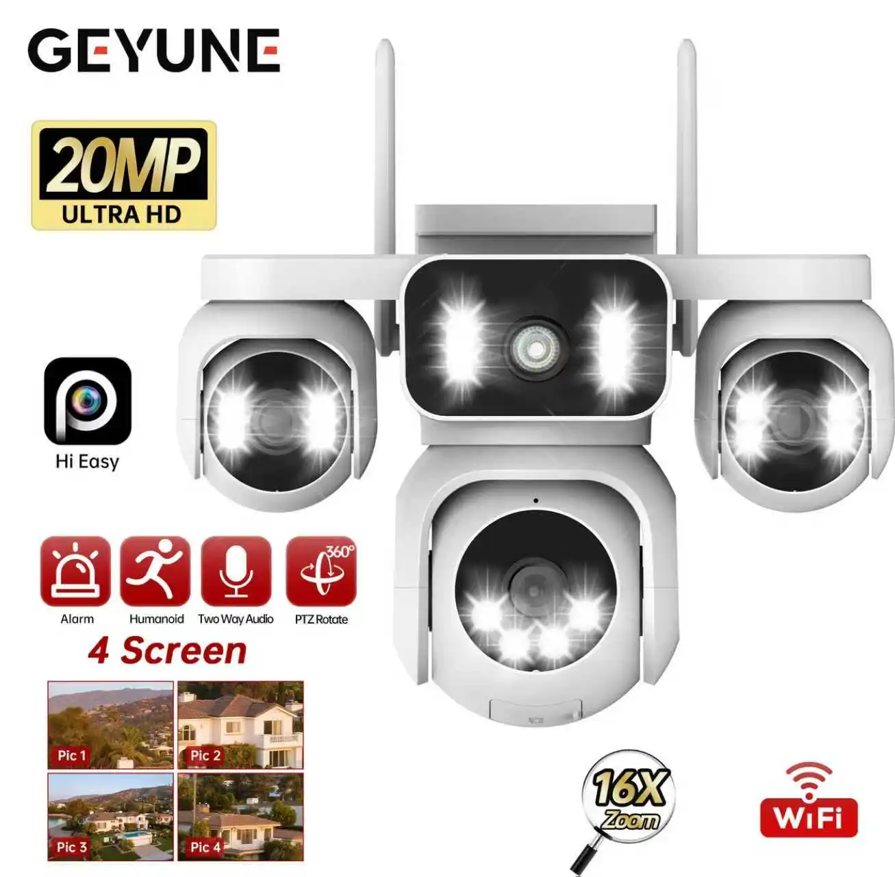 

20 МП CCTV 4 объектива 4 экрана Wi-Fi 360 ° IP-камера с 16-кратным зумом, автоматическое отслеживание, домашняя камера безопасности, водонепроницаемая камера наблюдения на открытом воздухе PTZ 10K