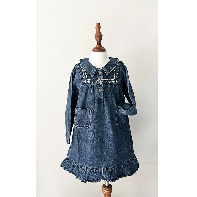 

kids dress 2025 EM girls cute flower embroidery long sleeve Denim dresses