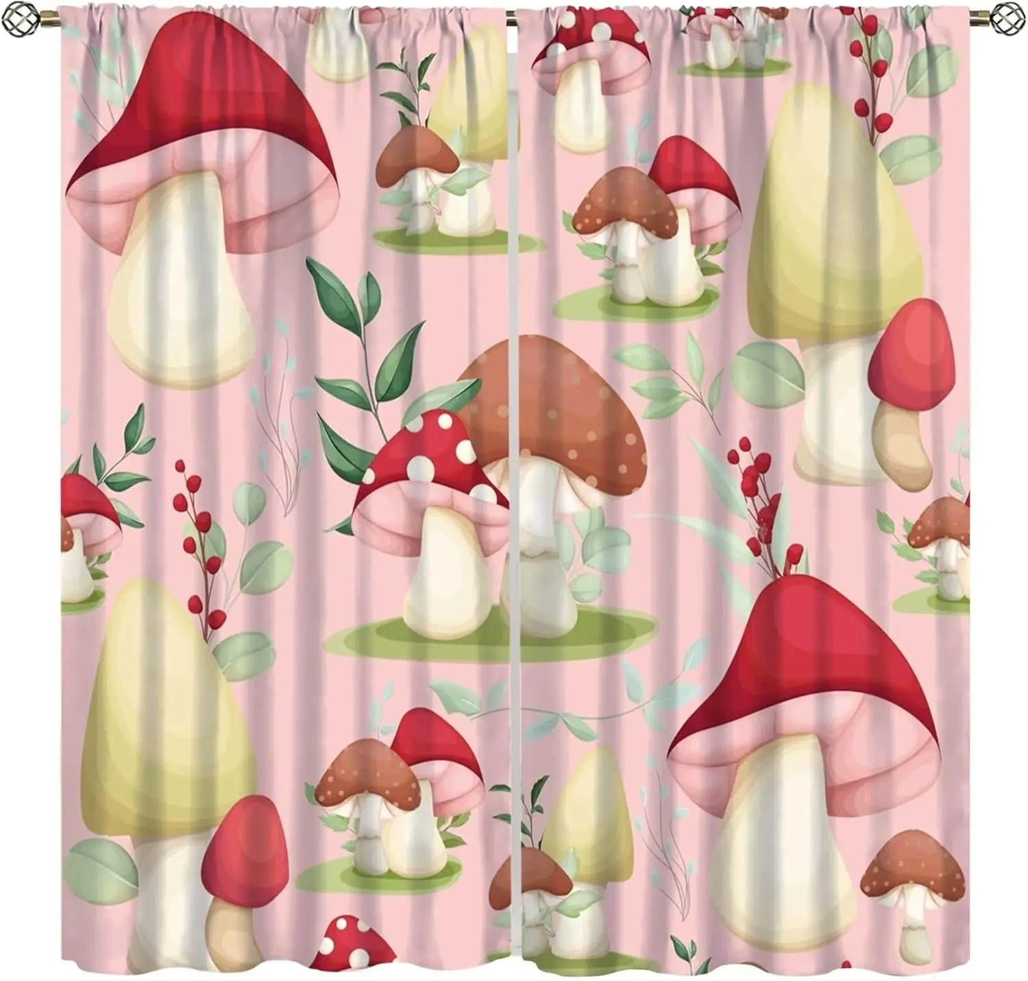 Cute Mushroom Curtain Pink Red Spotted Mushroom Leaf Berry Print Light Filter Drape For Farm Bedroom Kitchen Homestay