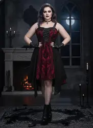 Plus Size Gothic Dresses Costume Women Flower Flocking Lace Up Grommets Asymmetrical Midi Tank Dress Vestidos