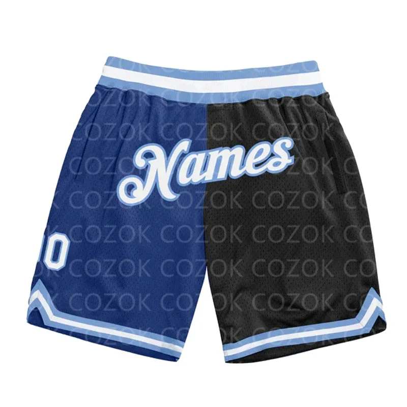 

Custom Blue Black color splice Authentic Basketball Shorts 3D Printed Men Shorts Your Name Mumber Quick Drying Beach Shorts