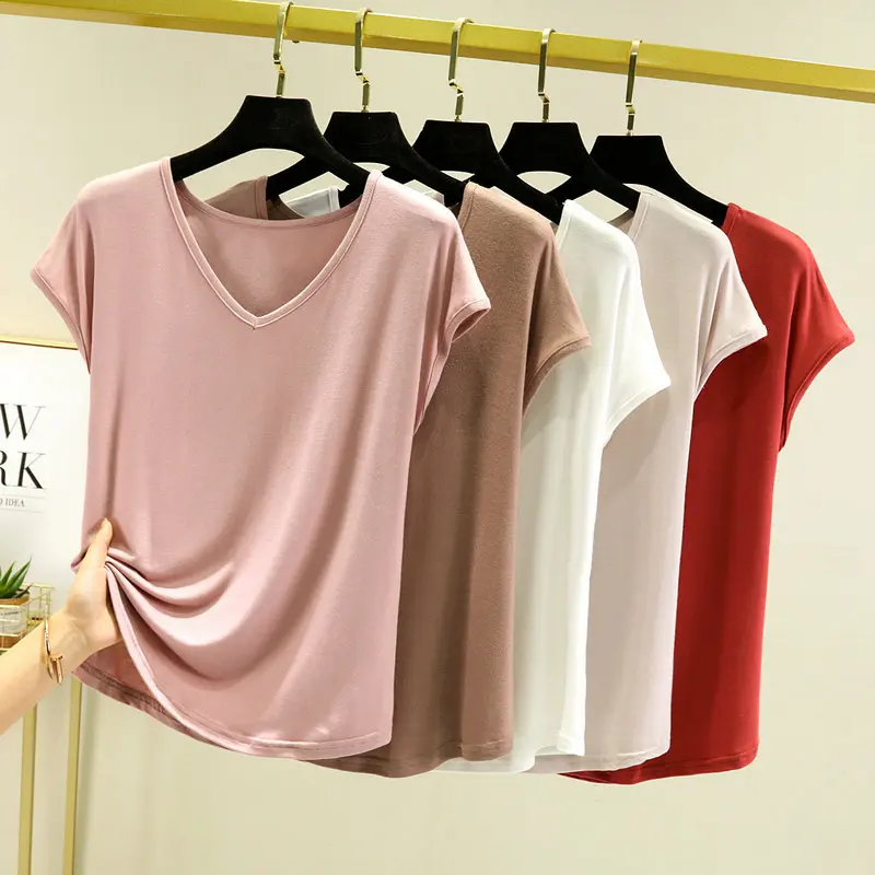 Modal V-neck Tshirt Short sleeves Summer women\'s loose casual T-shirts slim fit thin bottoming tee tops all match