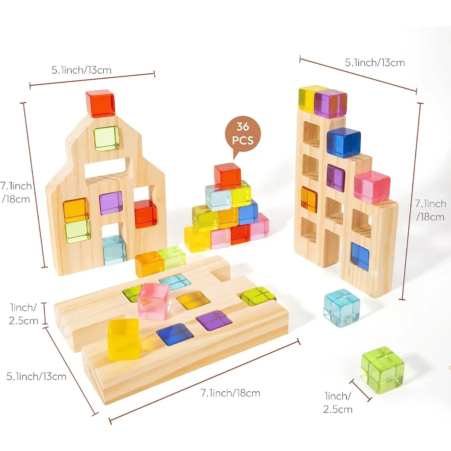 木製積み木36個セット レインボー アクリル ジェム キューブ ブロック - 木製ハウス モンテッソーリ 積み重ねおもちゃ 幼児教育用