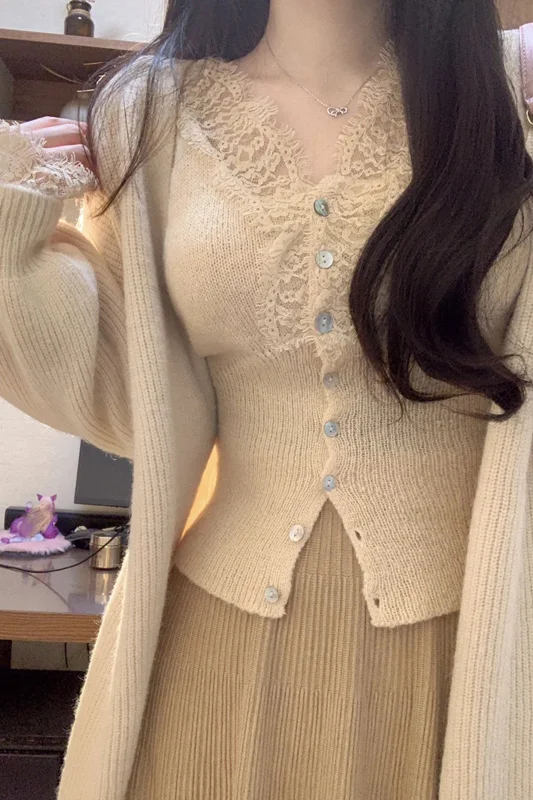 스웨터 점퍼 가디건 여성용 가디건 겨울 텍스처드 컴포트 디테일 릴랙스드 코티지코어 농촌풍 달콤 귀여운 OL