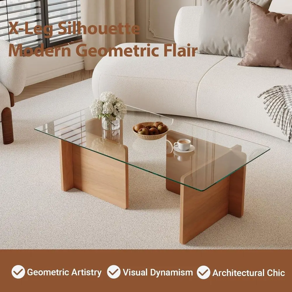طاولة قهوة فنية مستطيلة من الزجاج المقسى مع قاعدة خشبية هندسية لمساحات المعيشة البسيطة #6