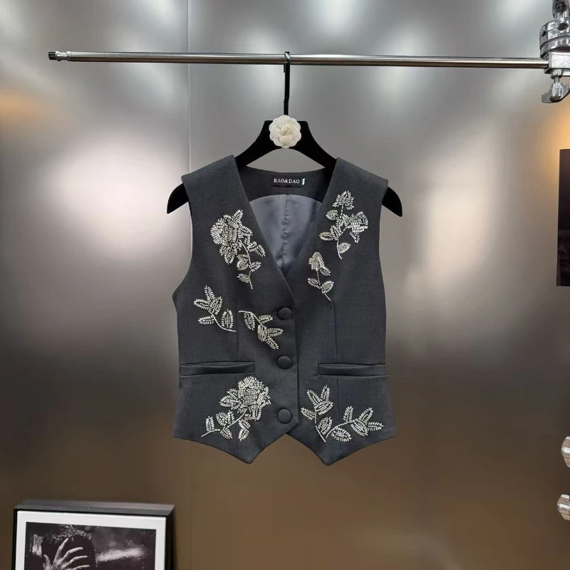 French Elegant 3D Beaded Floral Black Suit Vest Women Spring Autumn Irregular Slim Tank Top Office Fashion Warm Bottoming Shirts