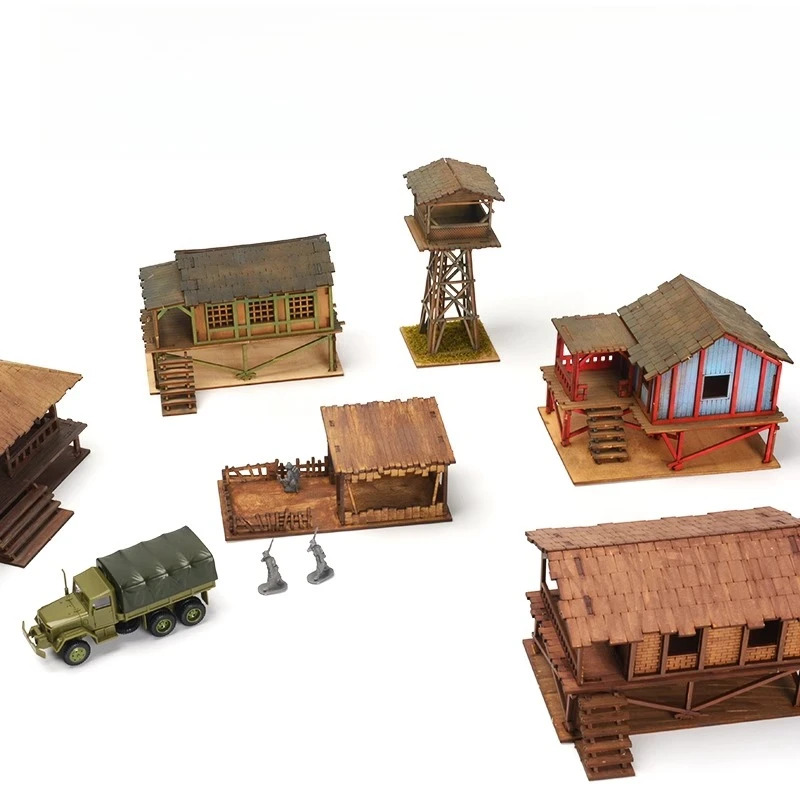 1/72 cena de construção de casa da Ásia do Sul, modelo de montagem tridimensional de madeira, presente artesanal faça você mesmo