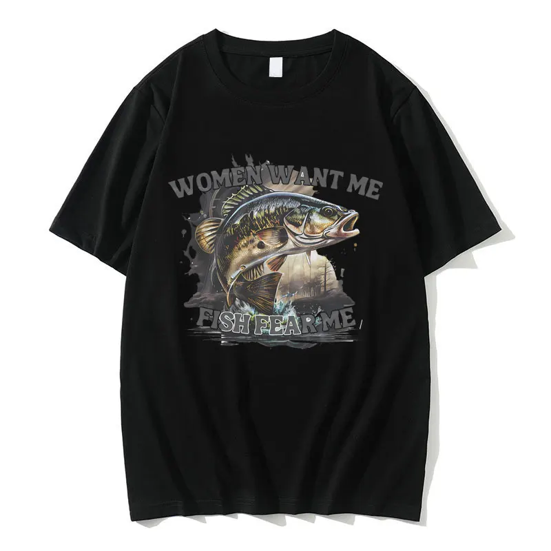 

Женские футболки с графическим принтом Want Me Fish Fear Me, мужские и женские повседневные забавные футболки с мемами для любителей рыбалки, мужские хлопковые футболки