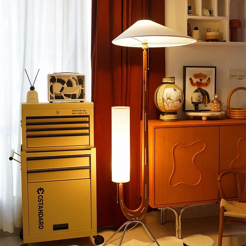 Vintage Nordic Wabi Sabi Solid Wood Fabric Led Floor Lamp Living Room Corner Sofa Standing Light Bedroom Home Decor Bedside Lamp