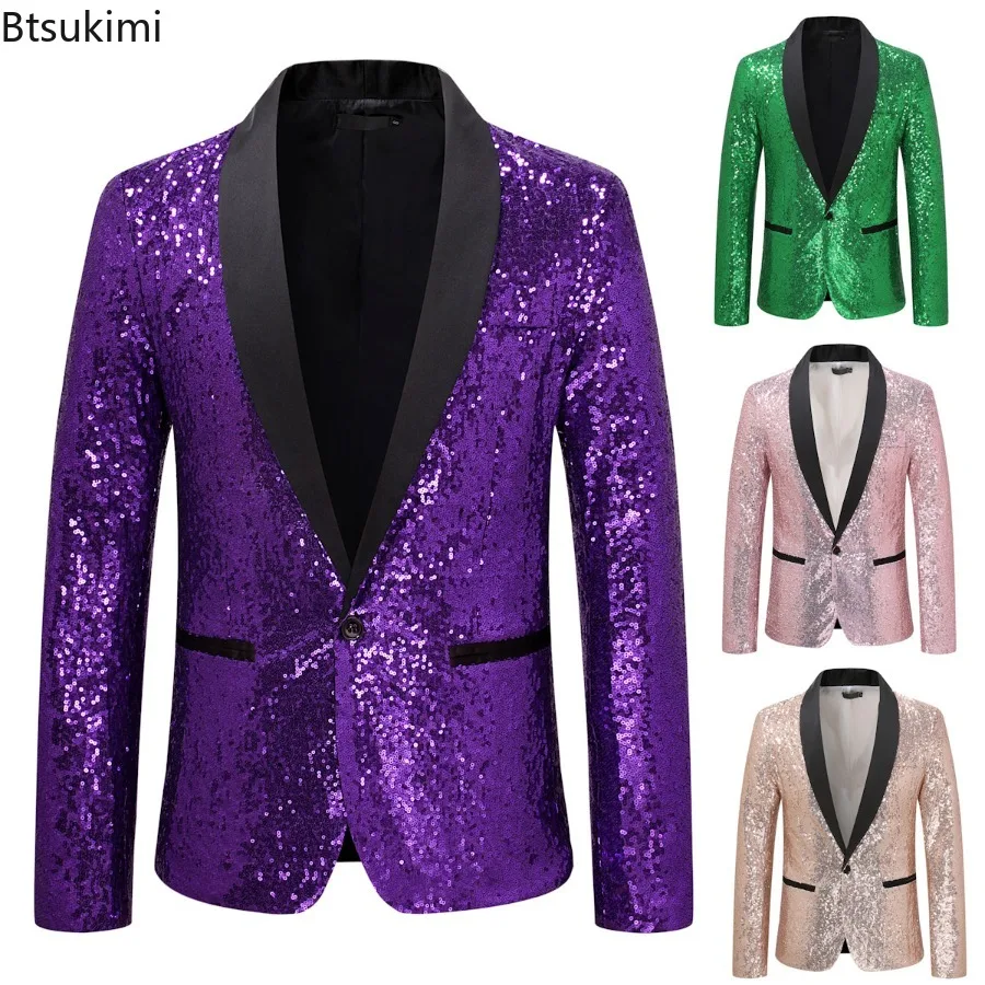 New 2026 Men's Trend Sequin Suit One Button Jacket Solid Color Singer Host Party Bar KTV Stage Performance Luxury Blazer Coats
