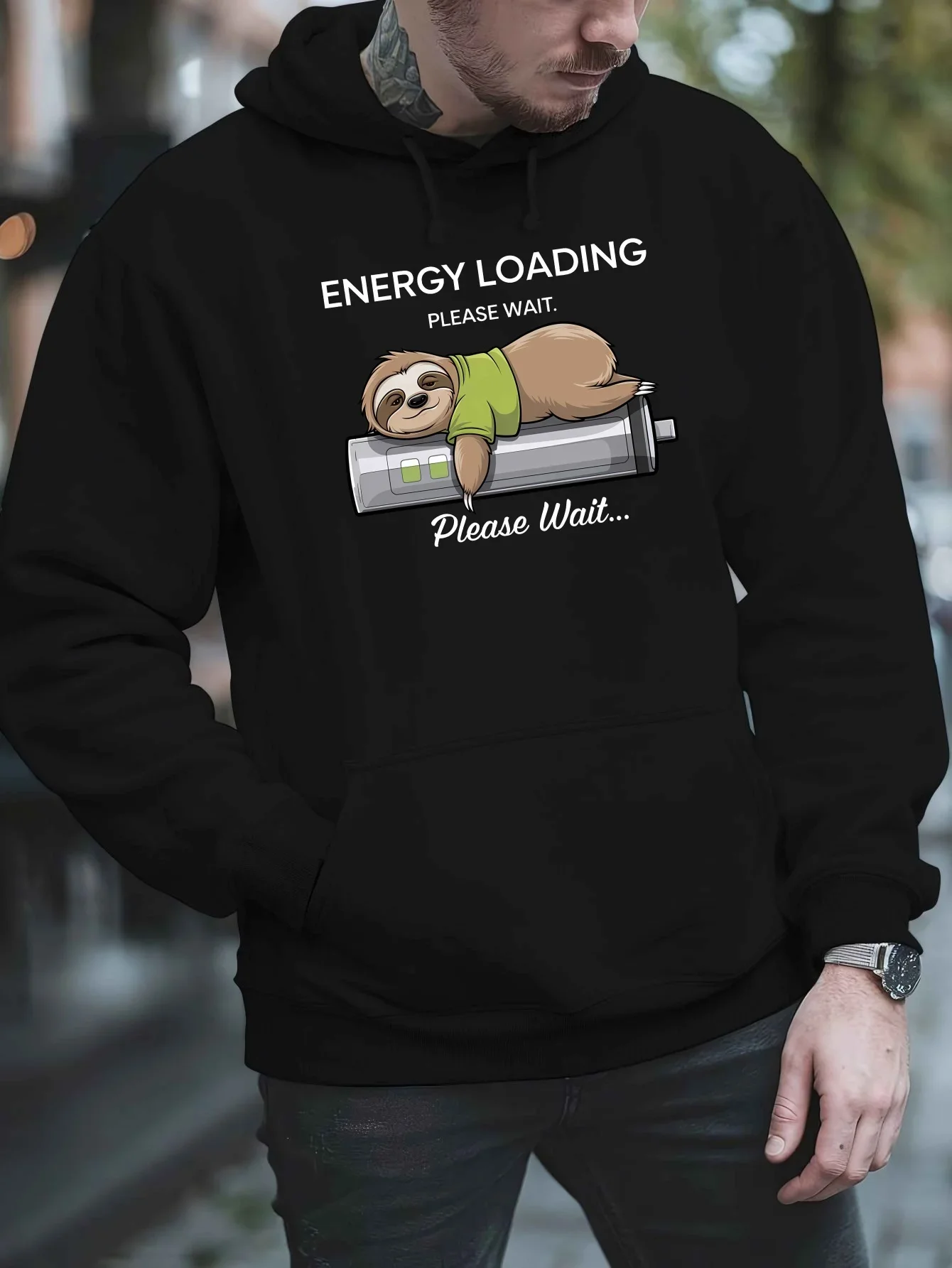 Men's Autumn Winter Hoodie Sleepy Sloth Energy Loading Battery Funny Cartoon Slogan Casual Streetwear Fleece Sweatshirt