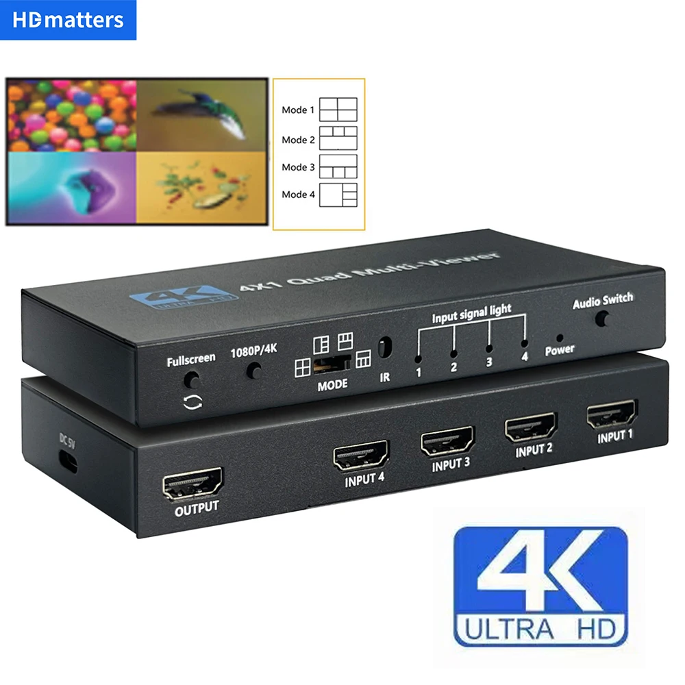 HDMI Multiviewer 4K 4X1 HDMI quad viewer 4 in 1 HDMI Multi-viewer seamless hdmi switcher Switch with Remote conttrol and scaler