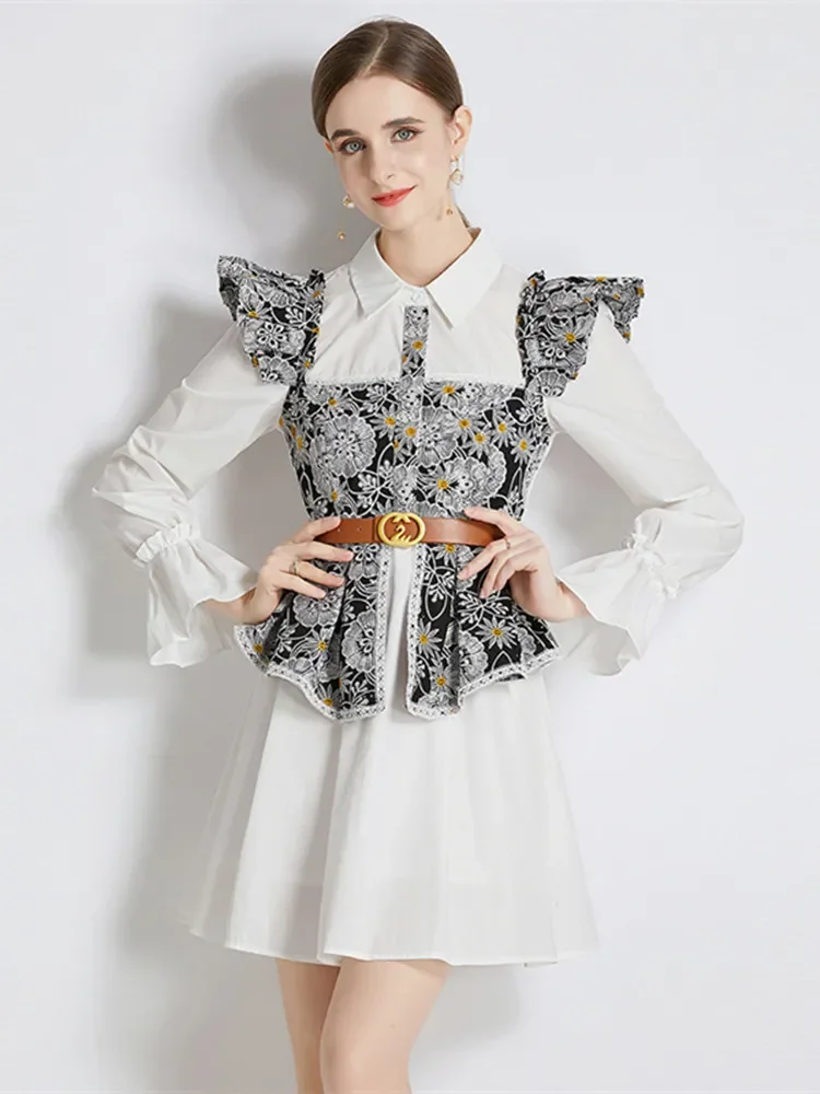 2023 Spring Summer Gorgeous Flower Embroidery Patchwork Shirt Dress Women Butterfly Sleeve Swan Belt One Piece Mini Vestidos