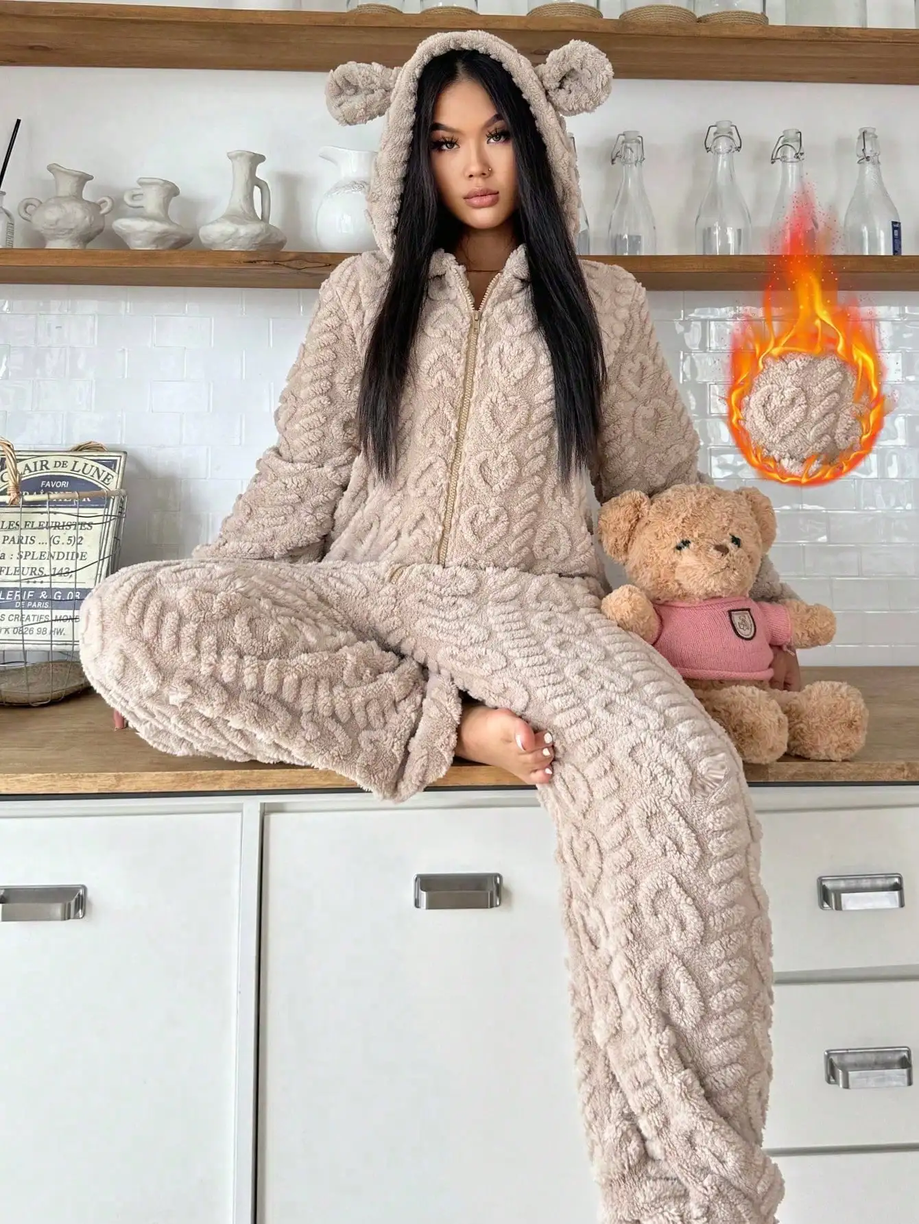 1pc Women's Hooded Fluffy Jumpsuit With Ears, Heart Pattern, Solid Color, Cute, Comfortable, Warm, Suitable For Autumn/Winter, Cozy Outfits，si25071662523715437