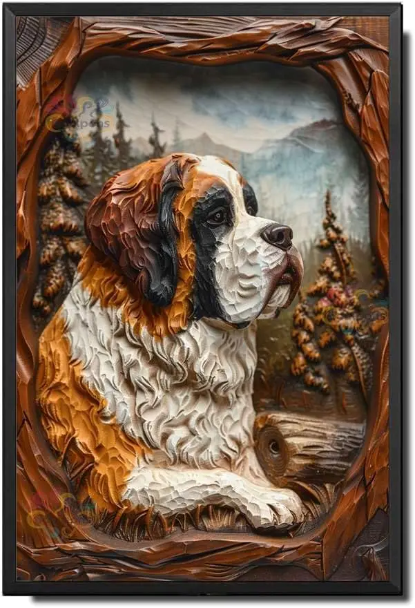 Decorative Tin Sign Wall Art Saint Bernard Clay Style Framed for Themed Interiors Fans and Home Bars Easy Install