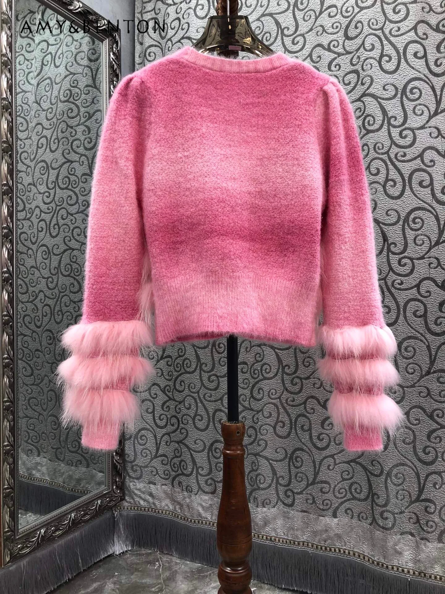 French V-neck Plush Fringed Long-sleeved Short Knitted Cardigan Women 2024 Autumn Winter New Fashion Sweet Gentle Pink Cardigan