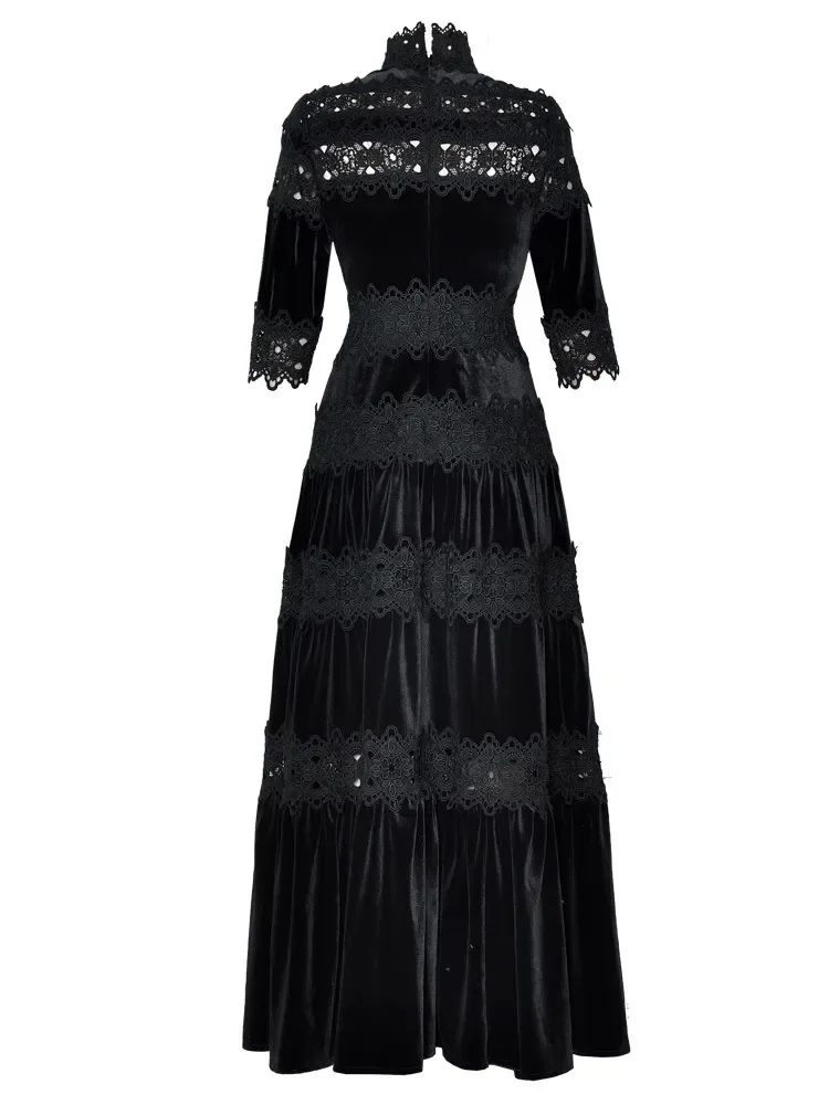 WEAVEHUI Women's Velvet Maxi Dress Hollow out Stand Collar Half Sleeve Elegant Party Fashion Spring