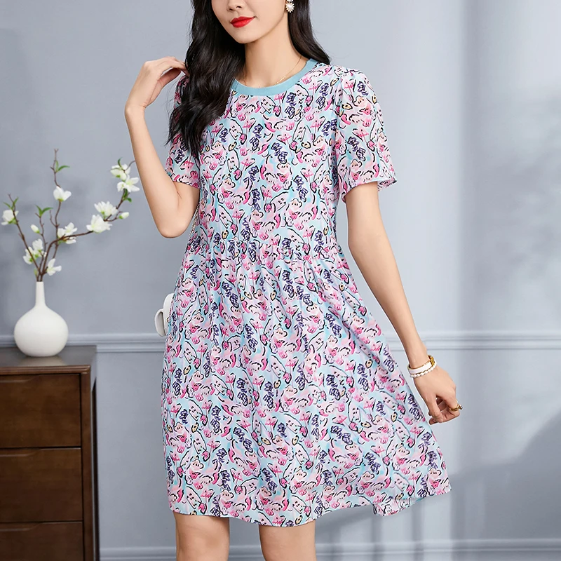 

Casual Women's Summer Dresses 2024 Elegant O-neck Short Sleeve Woman Print Dress A-line 100% Real Silk Female Fashion Dress