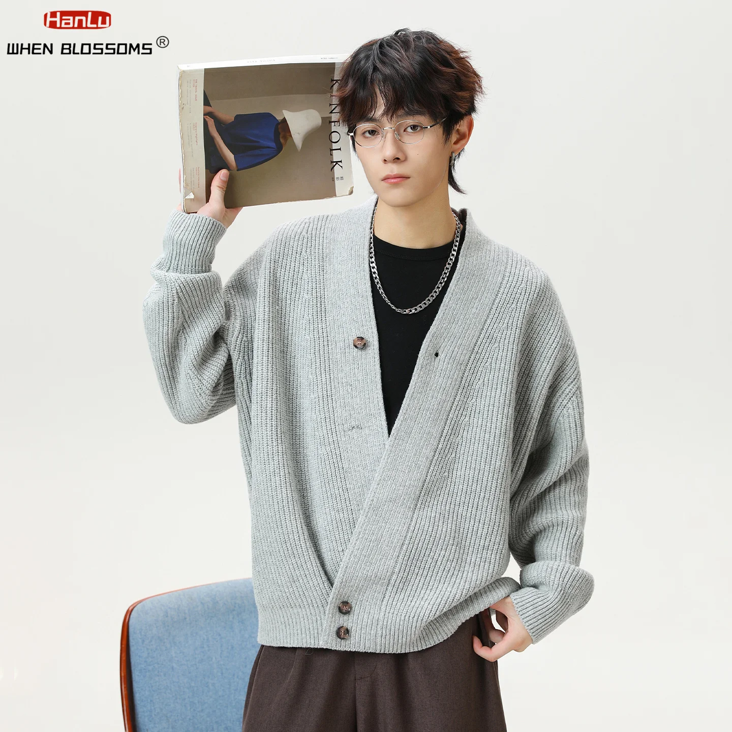 Hanlu 2025 الرجال ثوب الكيمونو الياباني سترة خمر المال القديم نمط الوزن الثقيل تريكو غير المتماثلة بلاكيت معطف فاخر #5