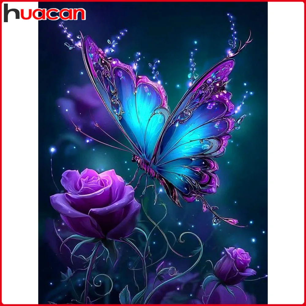 Huacan Diamantmalerei Schmetterling Rose Diamant-Mosaik Tier Blume Komplettes Set Dekorative Gemälde