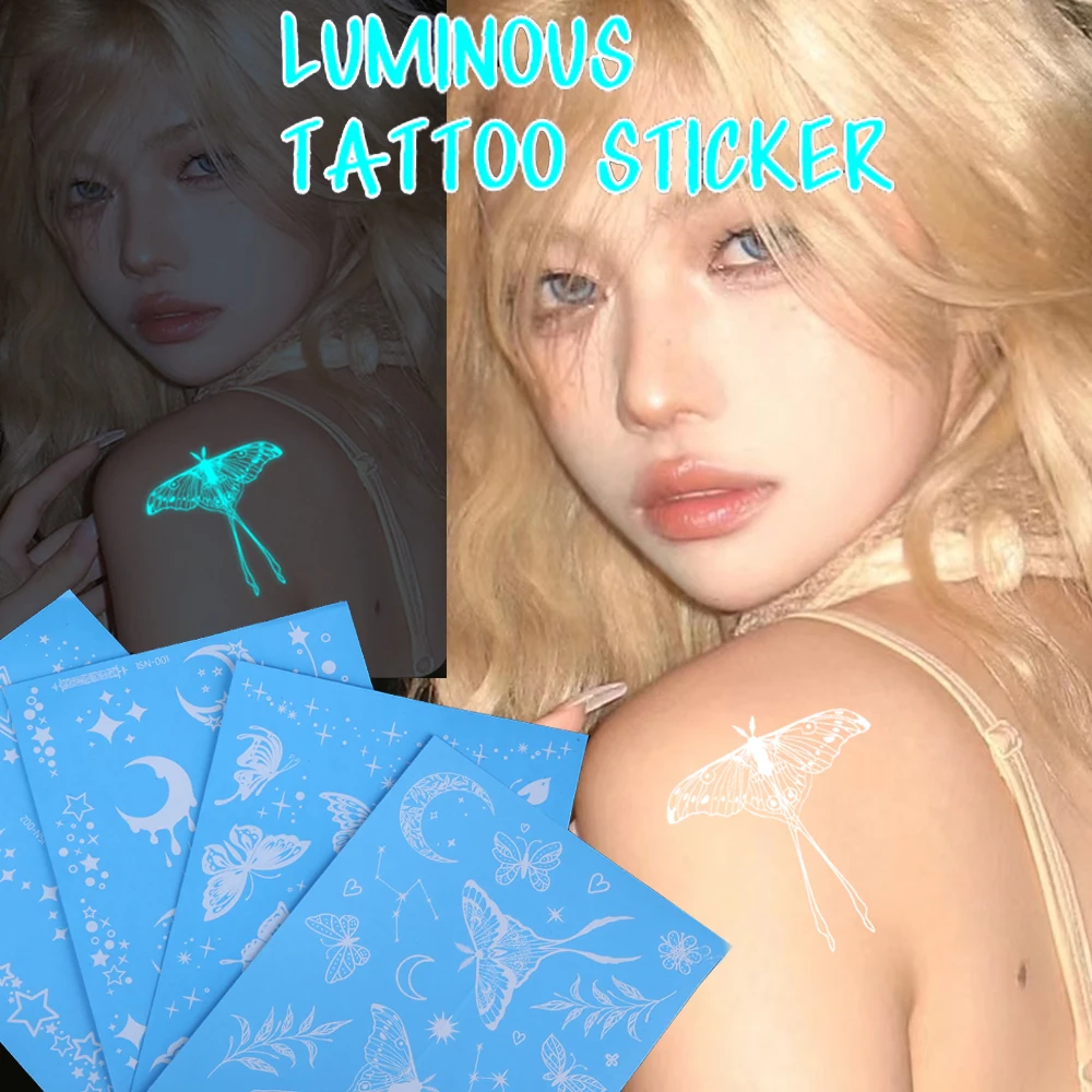 Waterproof Temporary Luminous Tattoo Sticker Flowers Moon Star Butterfly Tattoos Flash Tatoo Fake Tatto for Kids Women Men 1PC