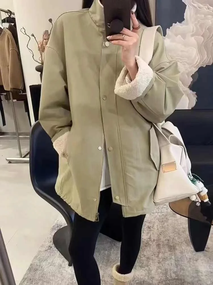 

Женская утепленная куртка в американском стиле с подкладкой из овечьей шерсти, свободного кроя, средней длины, на молнии, с длинными рукавами, для повседневной носки