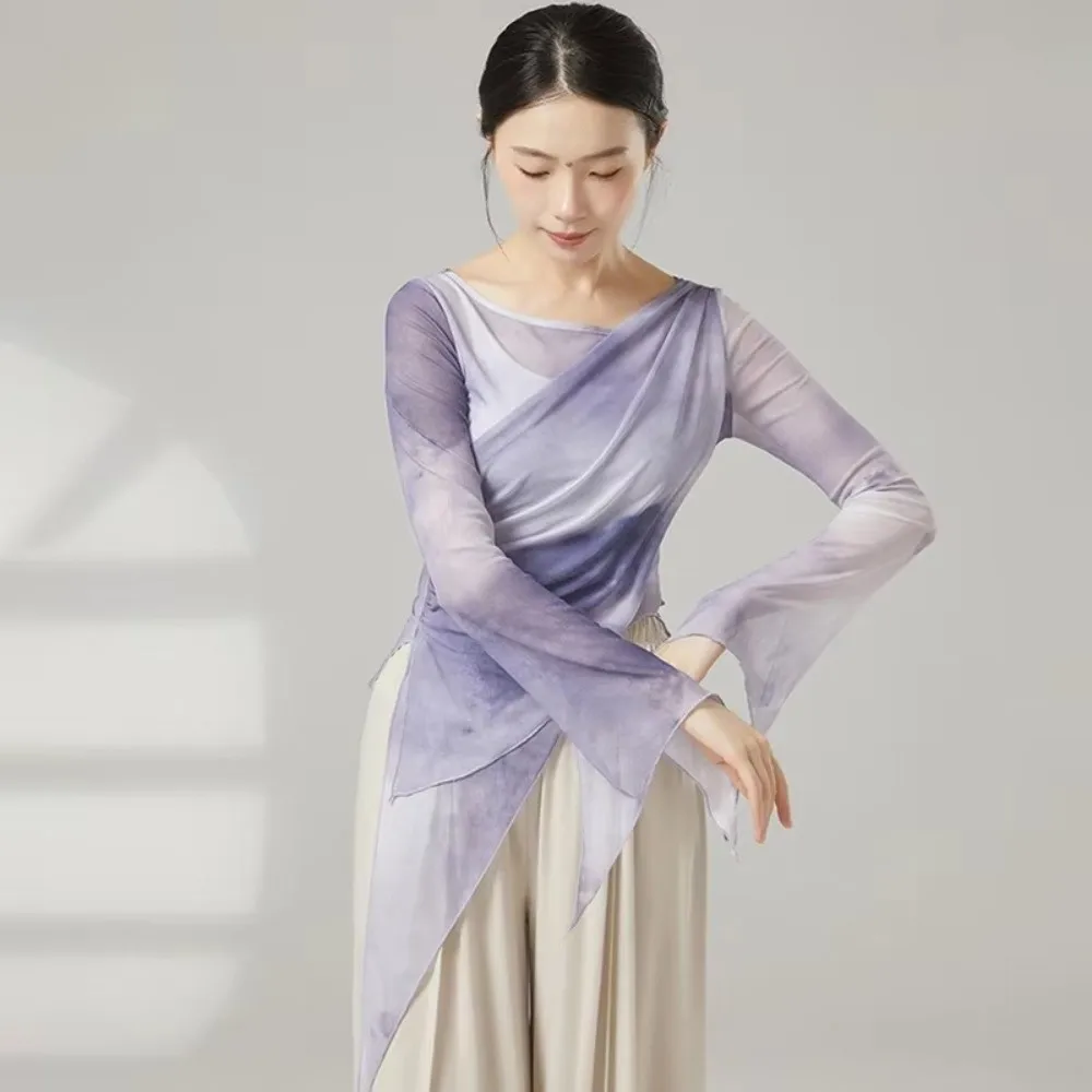 Long Slit Classical Dance Mesh Top Prints Slim Fit Saree Blouse Gauze Material Flowy Design Flared Sleeve Shirt Women Dance Wear