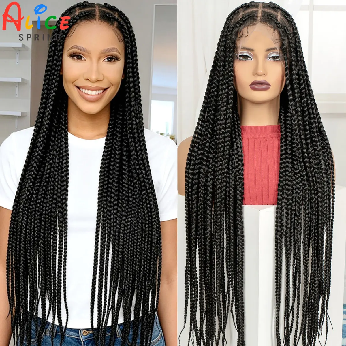 

36-дюймовые плетеные парики в коробке Синтетические полные кружевные плетеные волосы Парики без узлов Кружевные фронтальные косы Парик с детскими волосами для чернокожих женщин