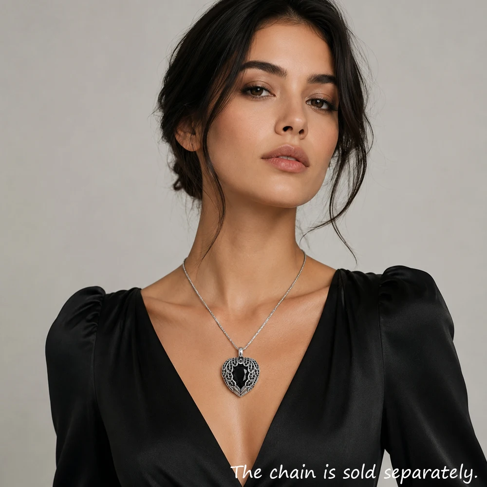 Pendant Black Winged Heart Fashion Glam Pure 925 Sterling Silver Jewelry Europe Romantic Crystal Soul Gift For Woman