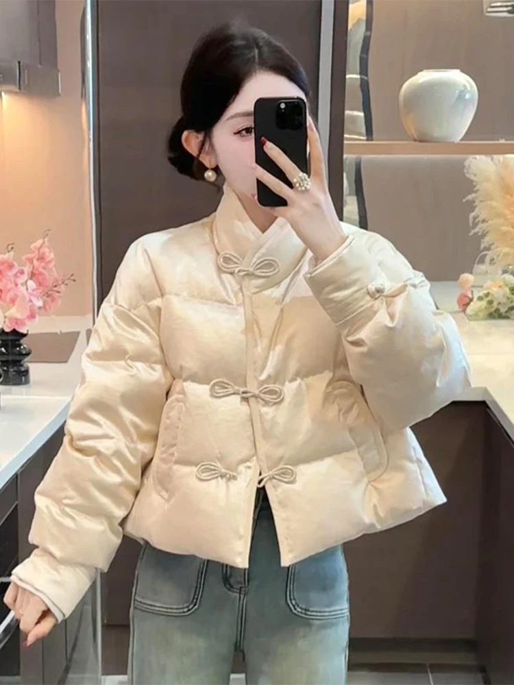 

New Chinese Sle ort Cotton Jaet Women's Warm Winter Coat Button Design Traditional National Faion Small Size Friendly