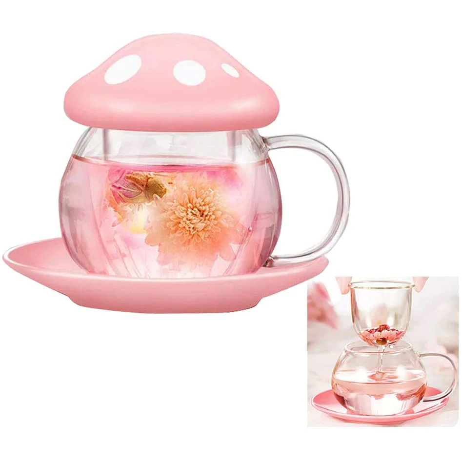 Tea Mug Milk Glass Coffee Cup with Strainer Filter Infuser for Loose Leaf Tea Mushroom Design Cute and Heat Resistant 290ML