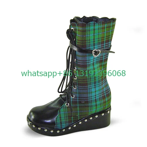 Lady green plaid design Lolita style eleganti stivali bowknot cute platform design a forma di cuore stivali al polpaccio stringate Mary Janes shoes