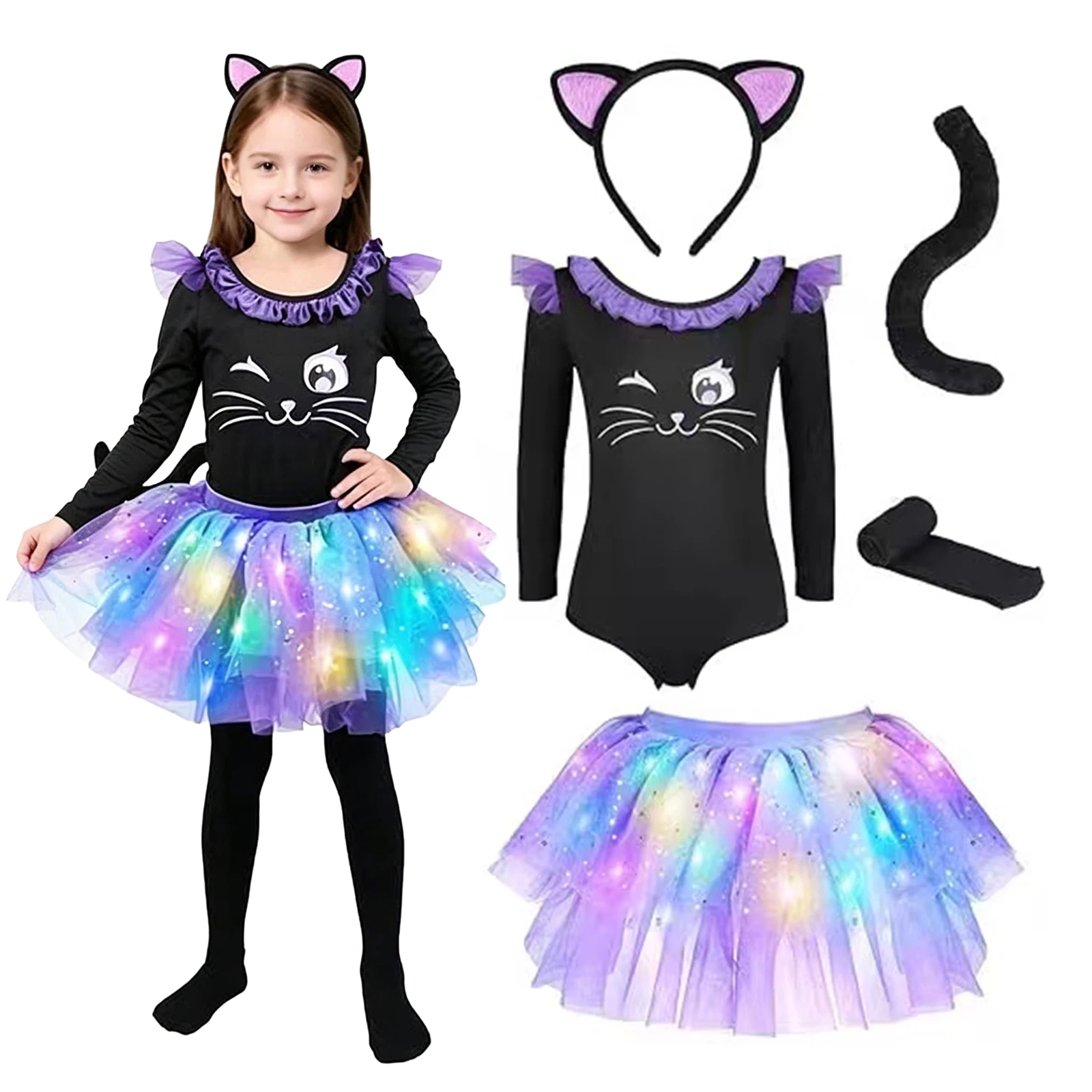 Girls Animal Cosplay Costume Halloween Orange Pumpkin Outfit Long Sleeve Bodysuit with Mesh Ruffle Tutu Skirt Headwear Tail Suit view 4