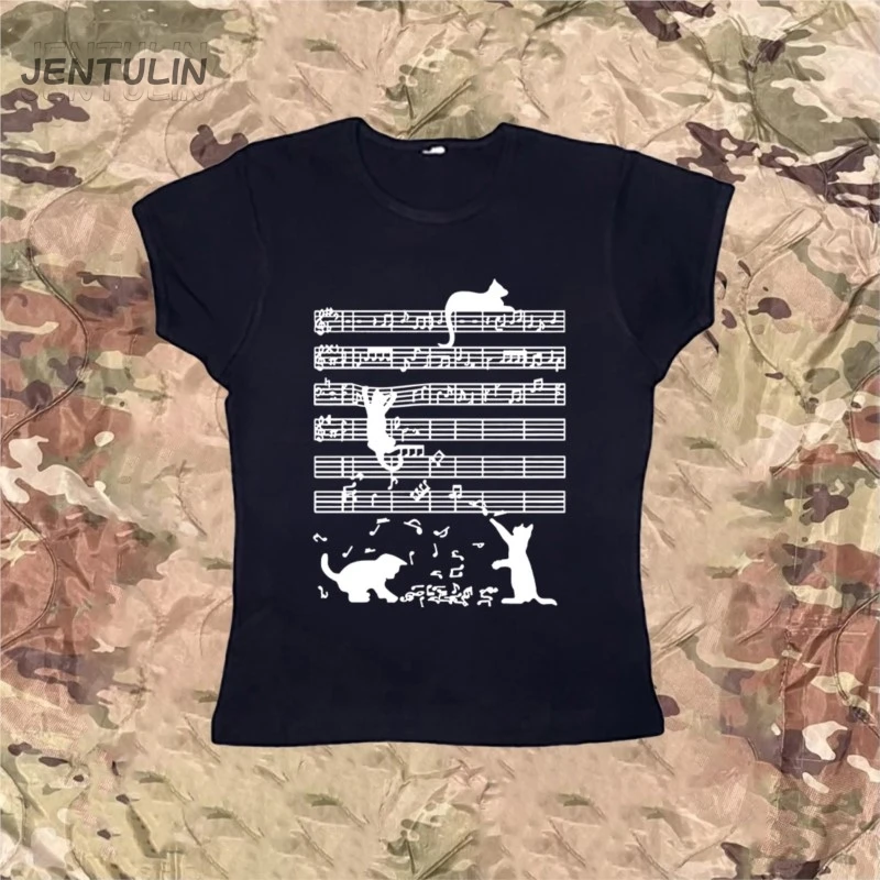 Y2K Clothes Cat Playing Music Funny Graphic Print T-Shirt Women Streetwear Aesthetics Short Sleeve Birthday Gift Girls Baby Tees