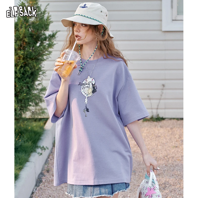 

ELFSACK 2025 Summer New Arrivals Retro Printed Casual Short Sleeve T-Shirt For Women