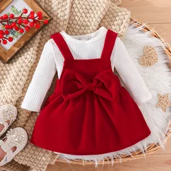 0-1 year old new baby girl spring and autumn style pure white long sleeved bun triangle crawling suit+red bow strap skirt two-pi