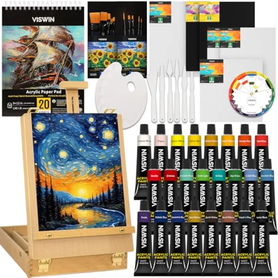 

Acrylic Paint Set with Easel Box, Painting Kit with 24 Acrylic Paints, Canvases, Brushes, Palette, Paper Pad, Art Supplies, Art