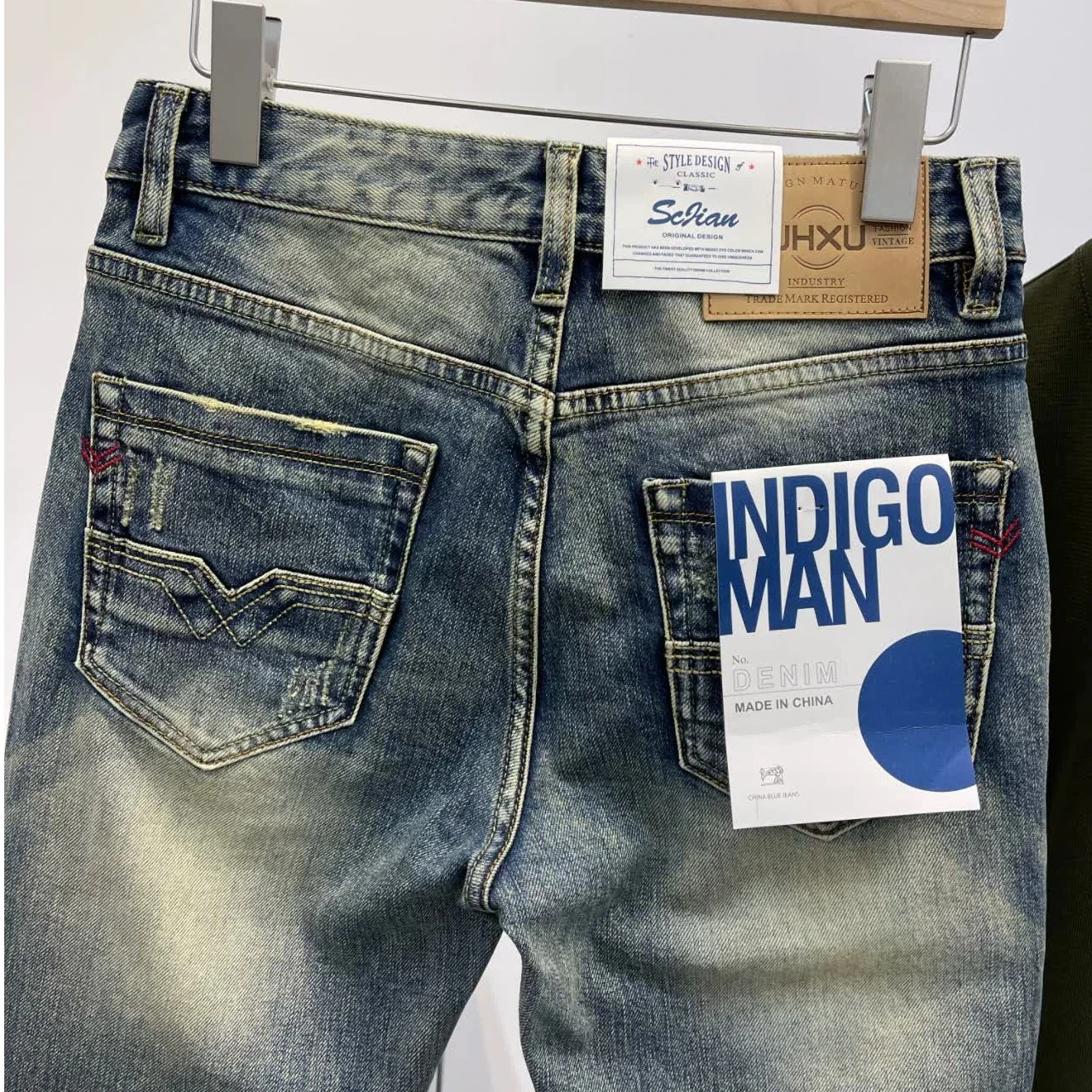 

American High-Street Individuality Trendy Denim Jeans for Men Fall/Spring Vintage Distressed Washed Ripped Slim Straight Pants